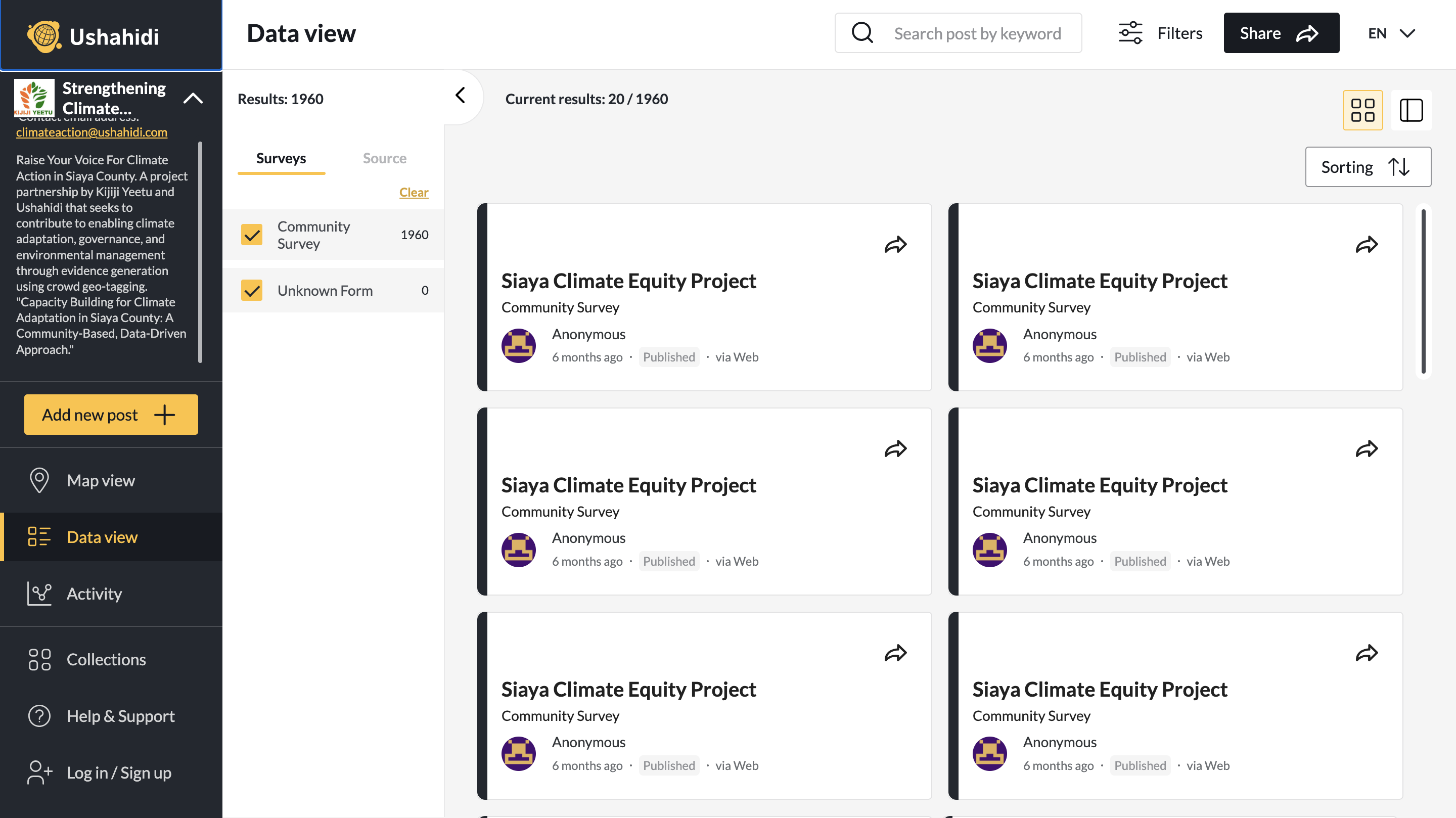 Screenshot of the deployment on the Ushahidi Platform